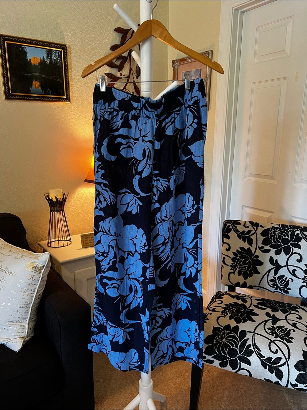 Blue Floral Wide-Leg Women's Pants